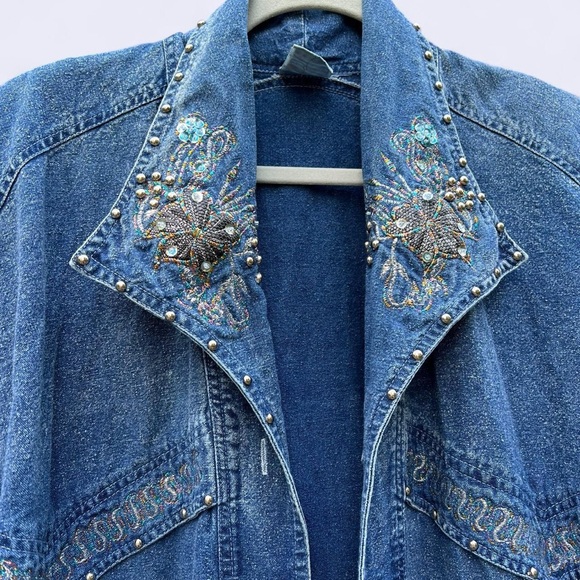 Embroidered Denim Long Jacket - Picture 2 of 6